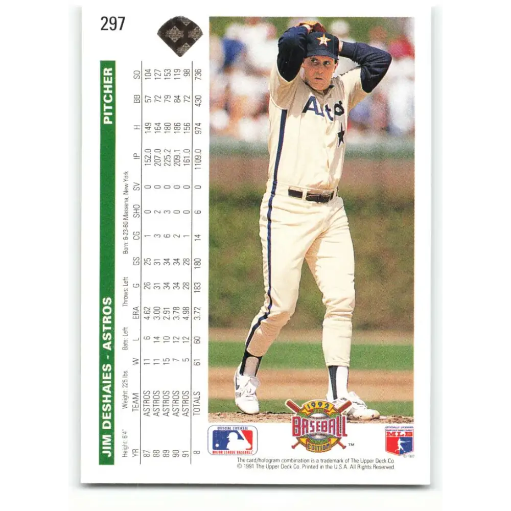 1992 Upper Deck #297 Jim Deshaies NM-MT Houston Astros Baseball Card Image 2