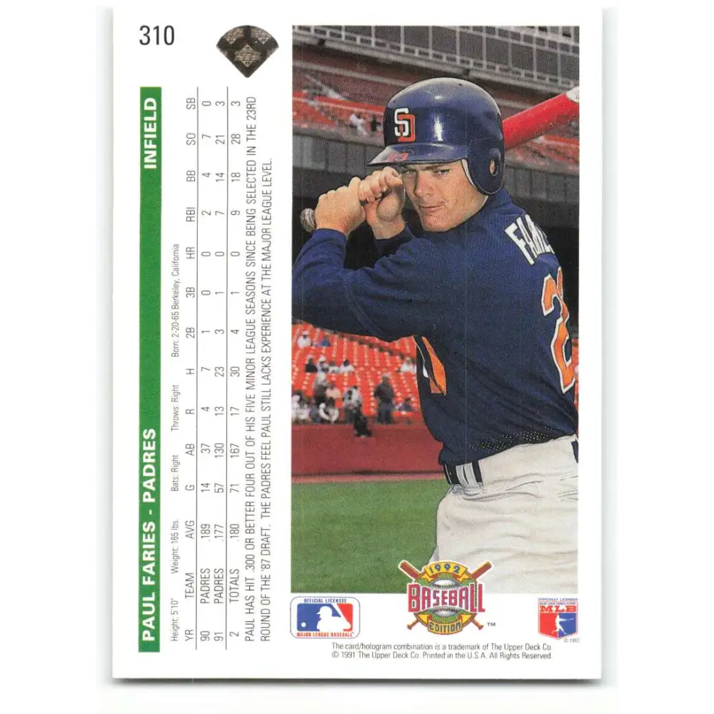 1992 Upper Deck #310 Paul Faries NM-MT San Diego Padres Baseball Card Image 2