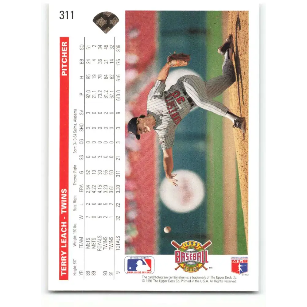 1992 Upper Deck #311 Terry Leach NM-MT Minnesota Twins Baseball Card Image 2