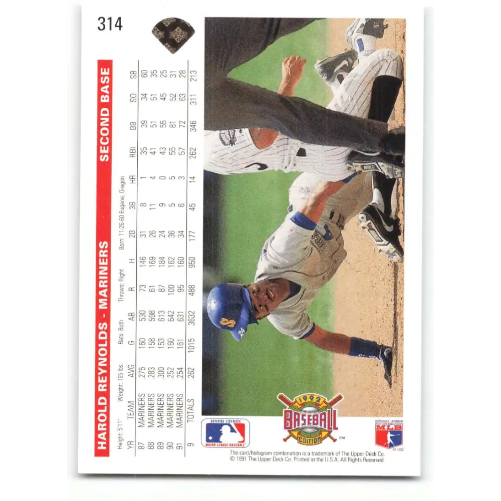 1992 Upper Deck #314 Harold Reynolds NM-MT Seattle Mariners Baseball Card Image 2