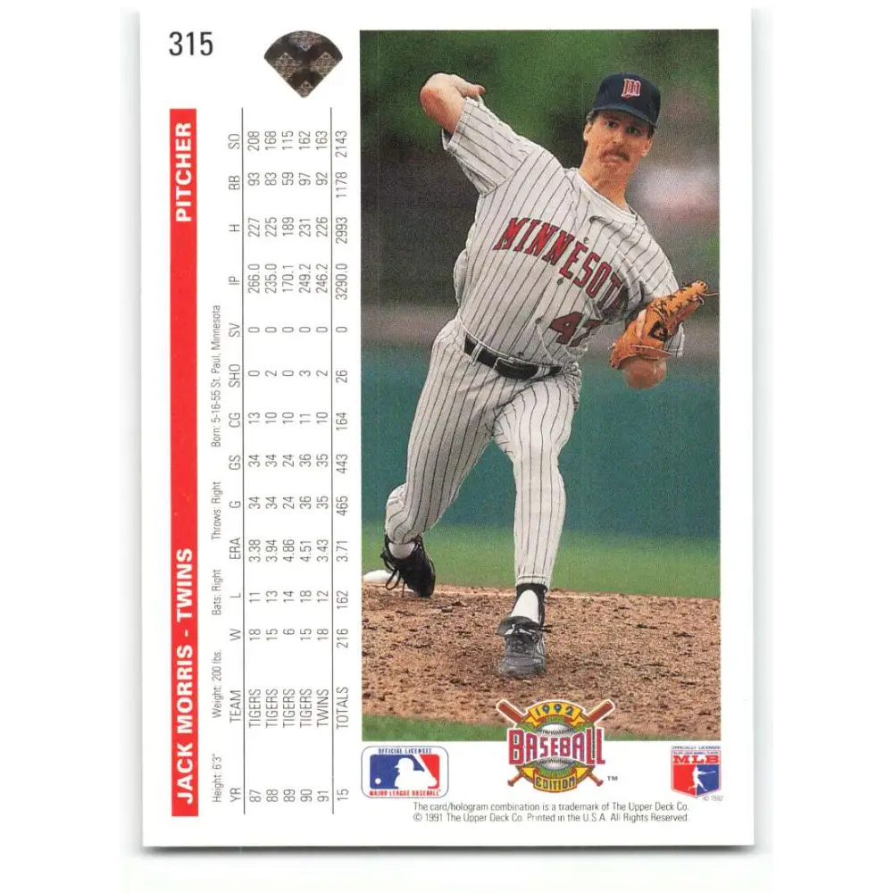 1992 Upper Deck #315 Jack Morris NM-MT Minnesota Twins Baseball Card Image 2