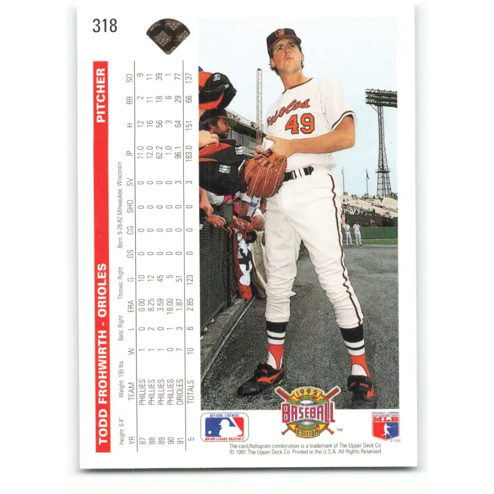 1992 Upper Deck #318 Todd Frohwirth NM-MT Baltimore Orioles Baseball Card Image 2