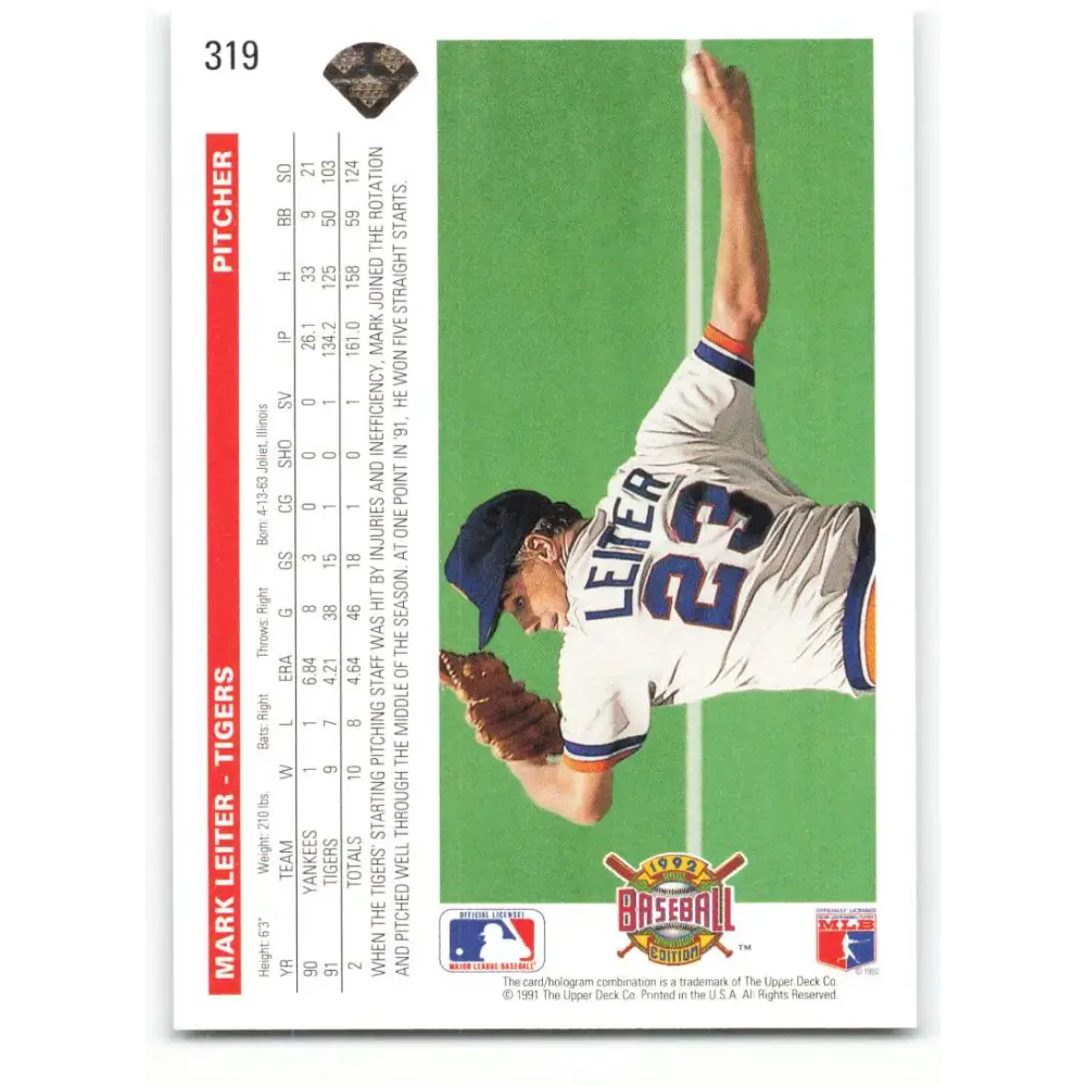 1992 Upper Deck #319 Mark Leiter NM-MT Detroit Tigers Baseball Card Image 2