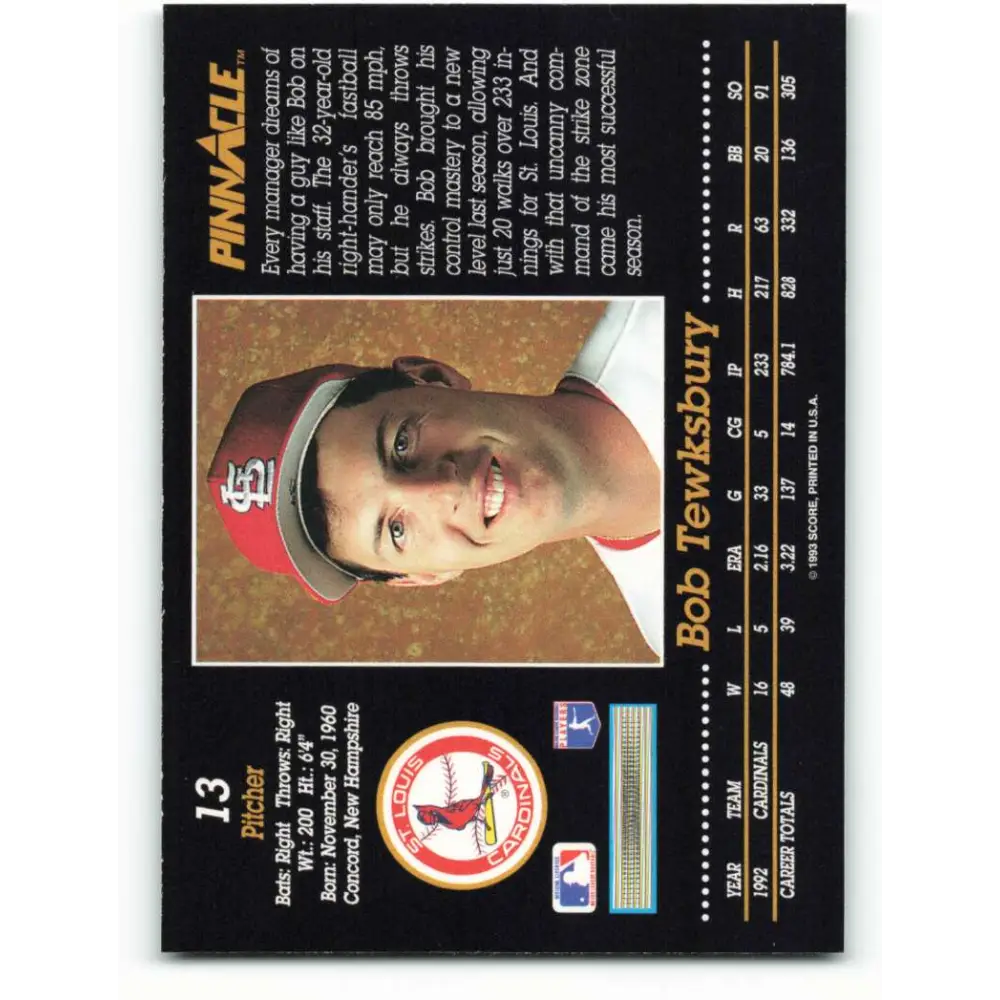 1993 Pinnacle #13 Bob Tewksbury NM-MT St. Louis Cardinals Baseball Card Image 2