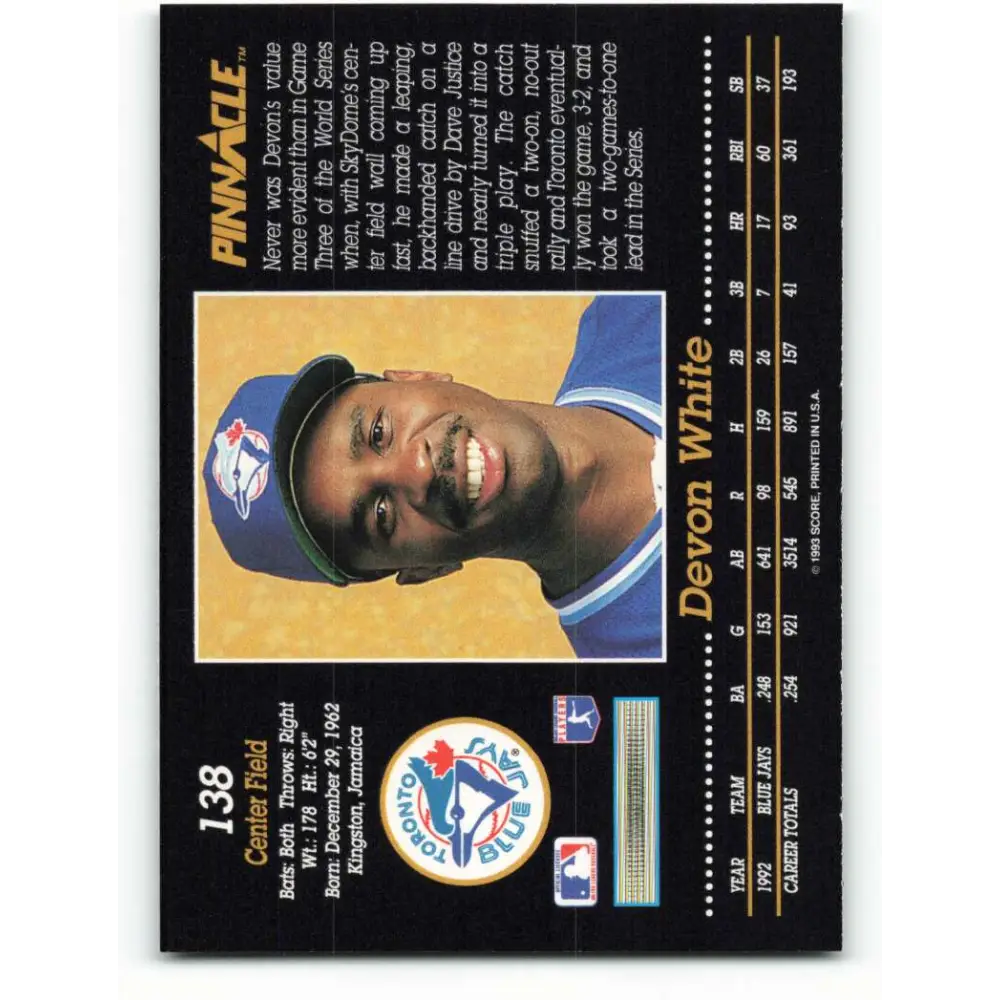 1993 Pinnacle #138 Devon White NM-MT Toronto Blue Jays Baseball Card Image 2