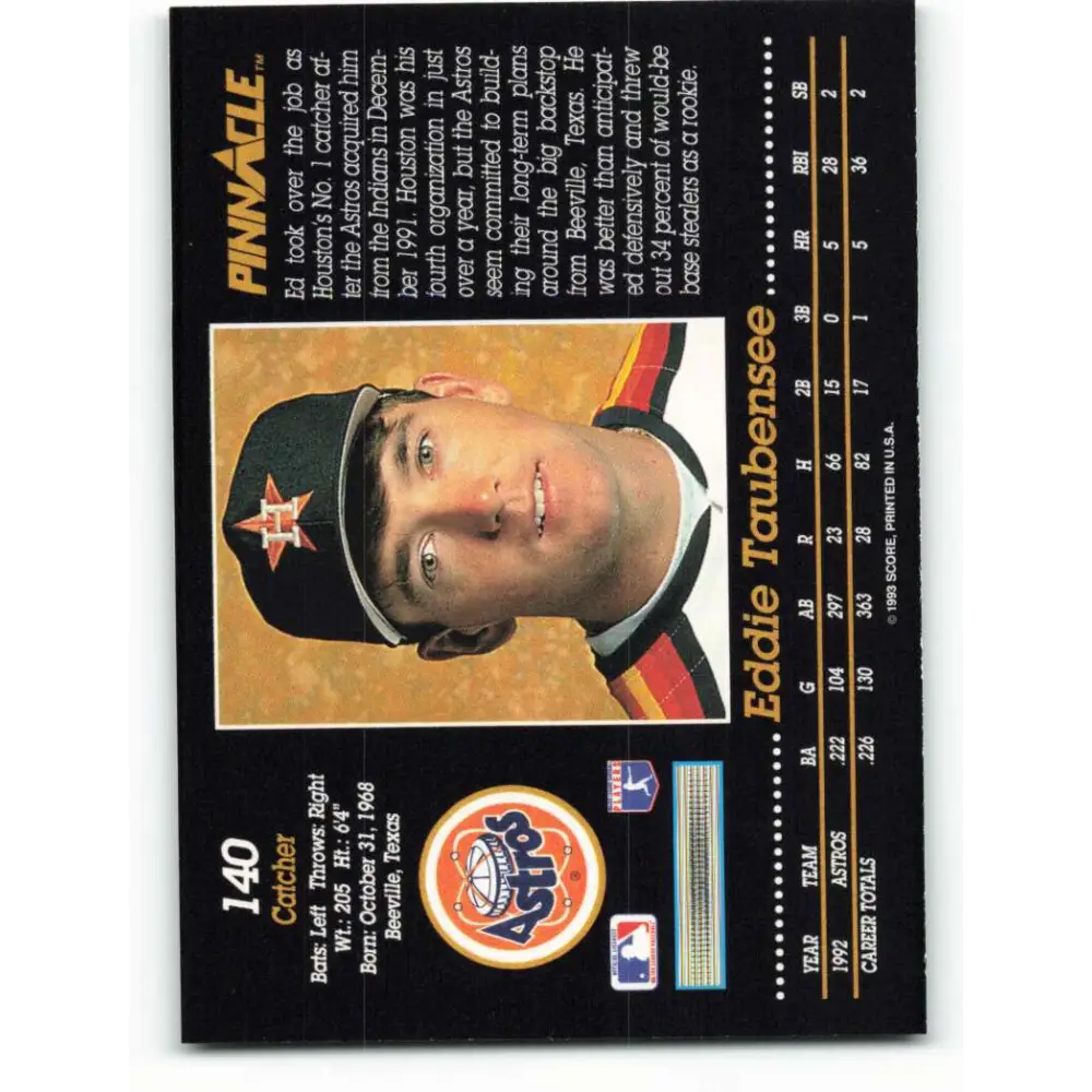 1993 Pinnacle #140 Eddie Taubensee NM-MT Houston Astros Baseball Card Image 2