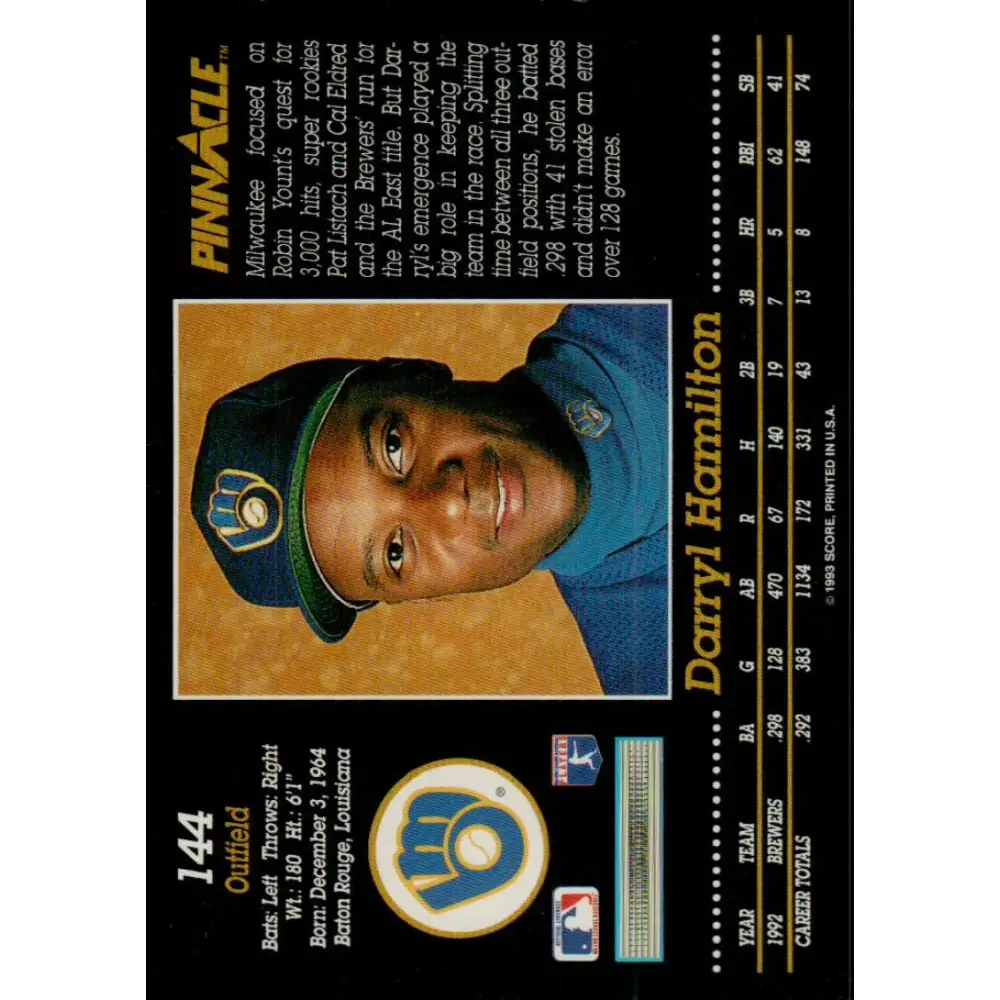 1993 Pinnacle #144 Darryl Hamilton NM-MT Milwaukee Brewers Baseball Card Image 2