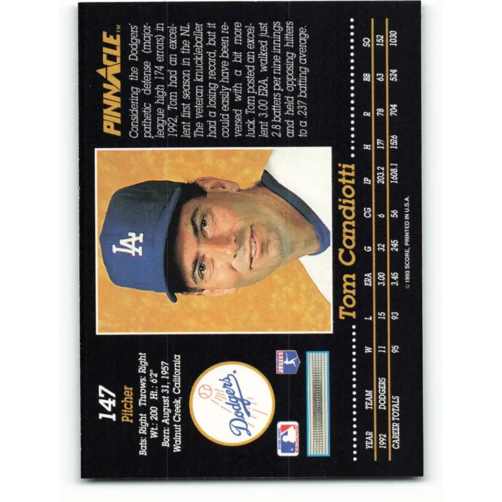 1993 Pinnacle #147 Tom Candiotti NM-MT Los Angeles Dodgers Baseball Card Image 2