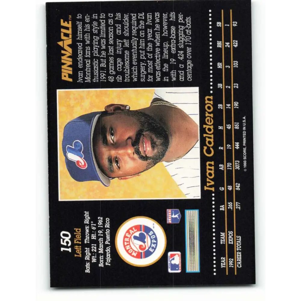 1993 Pinnacle #150 Ivan Calderon NM-MT Montreal Expos Baseball Card Image 2