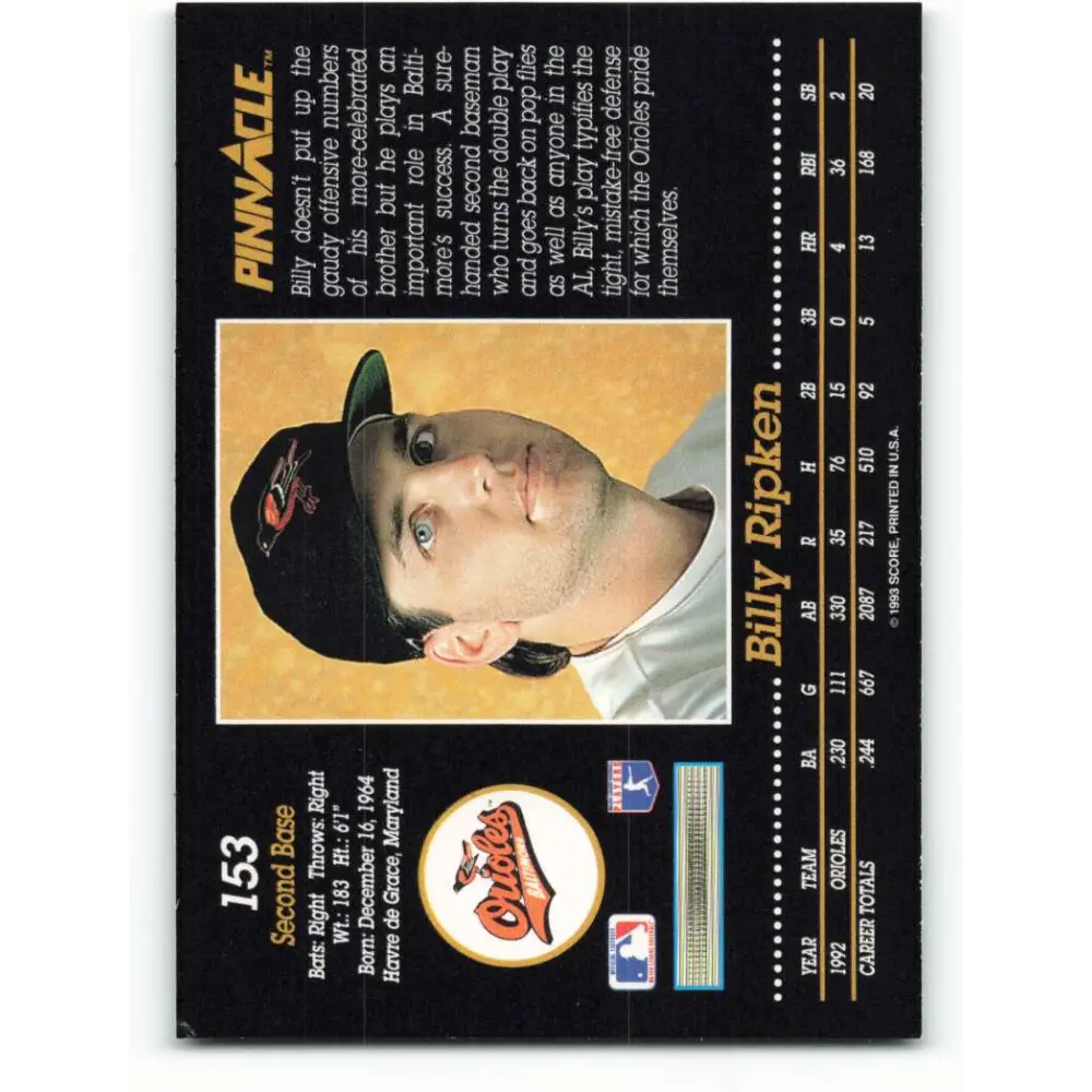 1993 Pinnacle #153 Billy Ripken NM-MT Baltimore Orioles Baseball Card Image 2