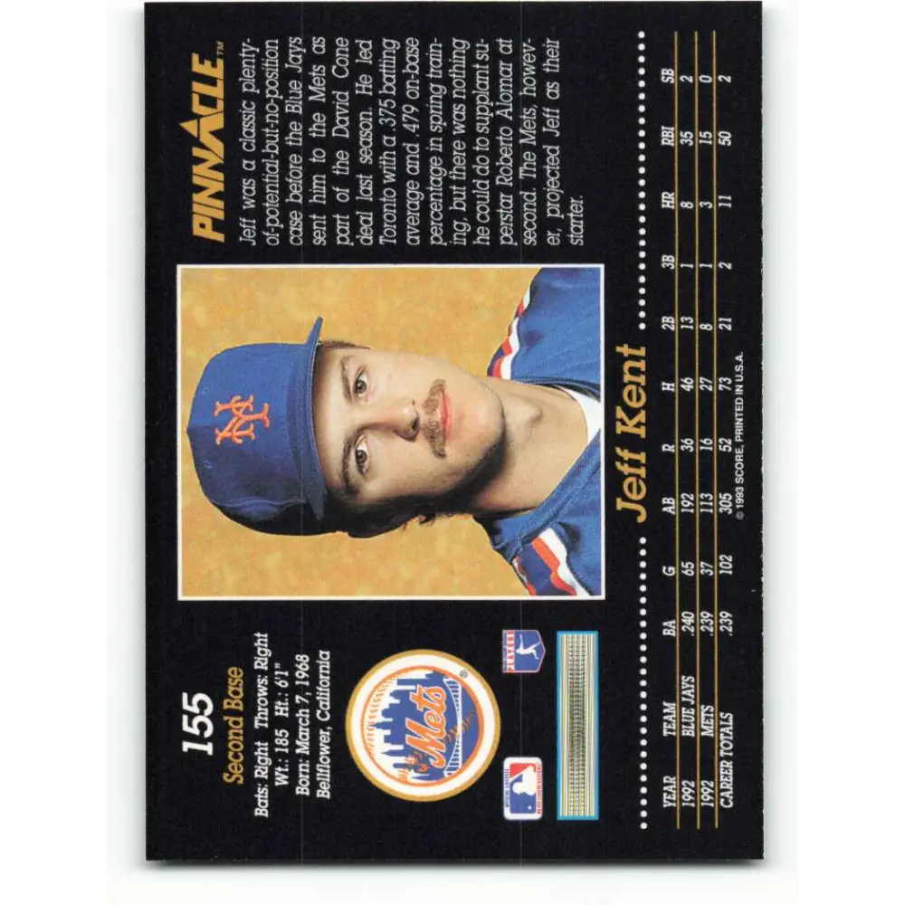 1993 Pinnacle #155 Jeff Kent NM-MT New York Mets Baseball Card Image 2