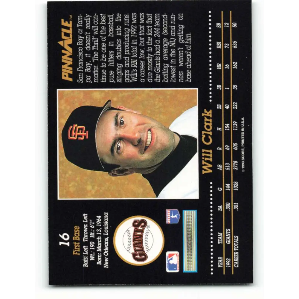 1993 Pinnacle #16 Will Clark NM-MT San Francisco Giants Baseball Card Image 2