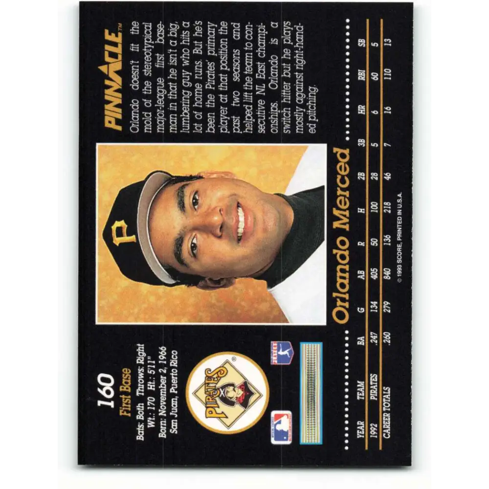 1993 Pinnacle #160 Orlando Merced NM-MT Pittsburgh Pirates Baseball Card Image 2