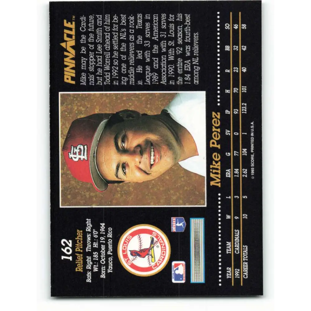 1993 Pinnacle #162 Mike Perez NM-MT St. Louis Cardinals Baseball Card Image 2