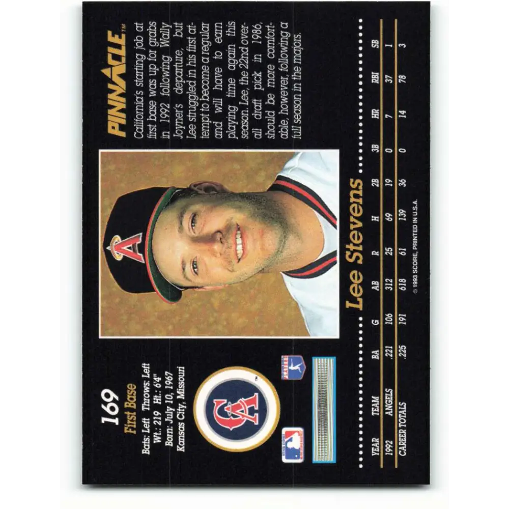 1993 Pinnacle #169 Lee Stevens NM-MT California Angels Baseball Card Image 2