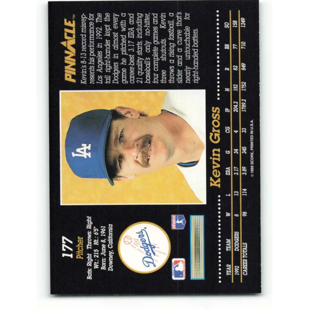 1993 Pinnacle #177 Kevin Gross NM-MT Los Angeles Dodgers Baseball Card Image 2