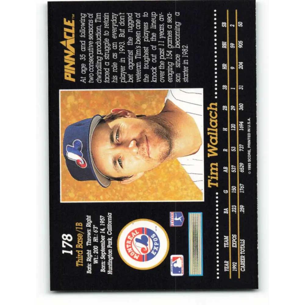 1993 Pinnacle #178 Tim Wallach NM-MT Montreal Expos Baseball Card Image 2