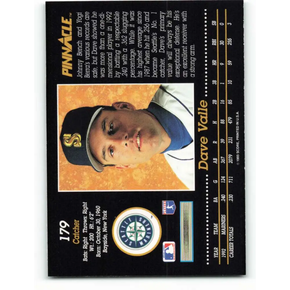 1993 Pinnacle #179 Dave Valle NM-MT Seattle Mariners Baseball Card Image 2