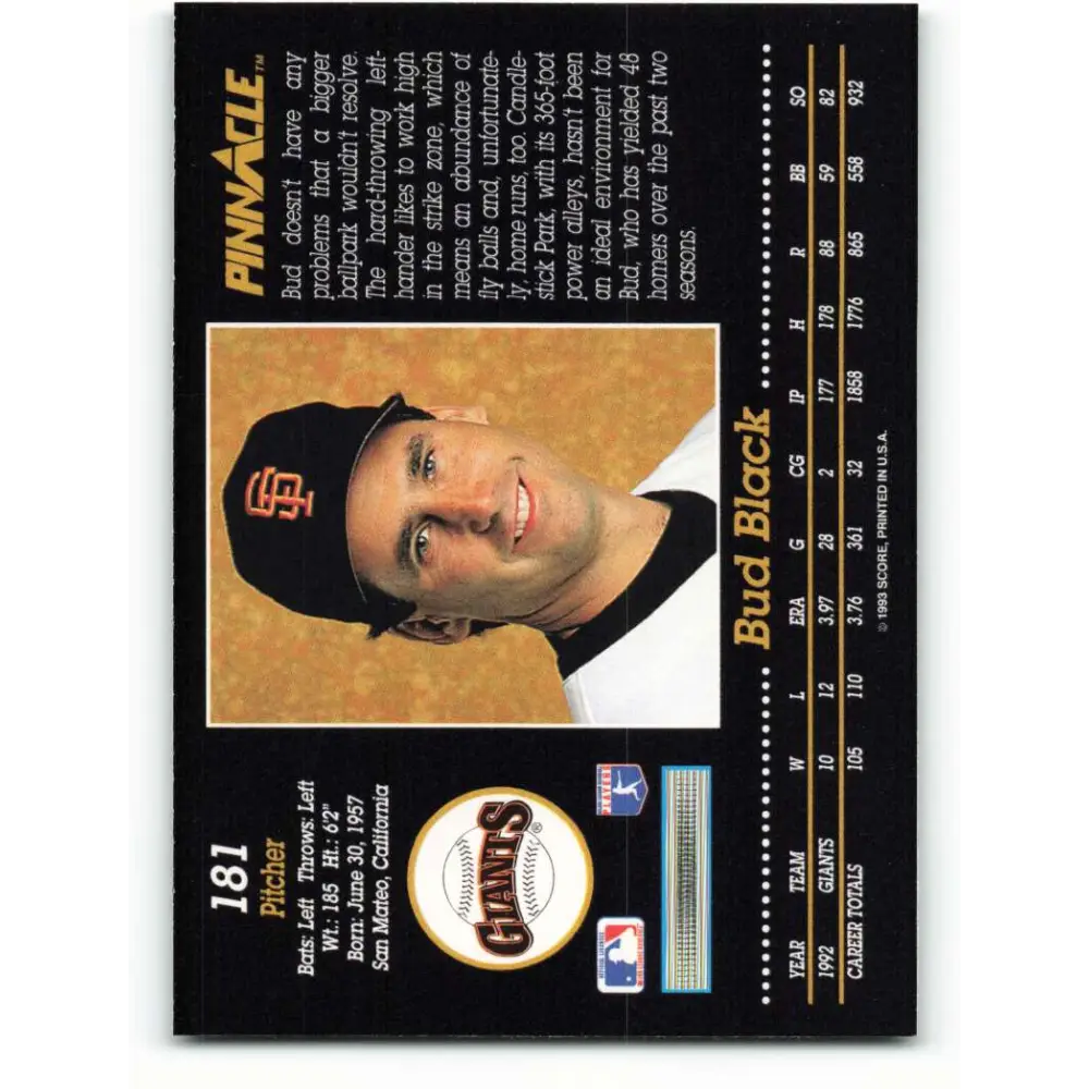 1993 Pinnacle #181 Bud Black NM-MT San Francisco Giants Baseball Card Image 2