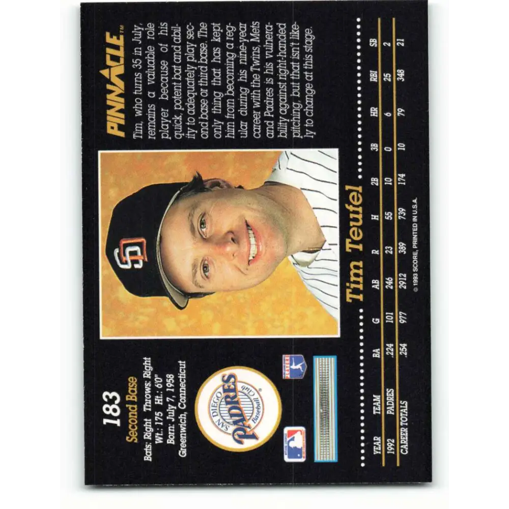 1993 Pinnacle #183 Tim Teufel NM-MT San Diego Padres Baseball Card Image 2