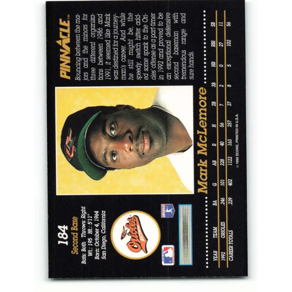 1993 Pinnacle #184 Mark McLemore NM-MT Baltimore Orioles Baseball Card Image 2