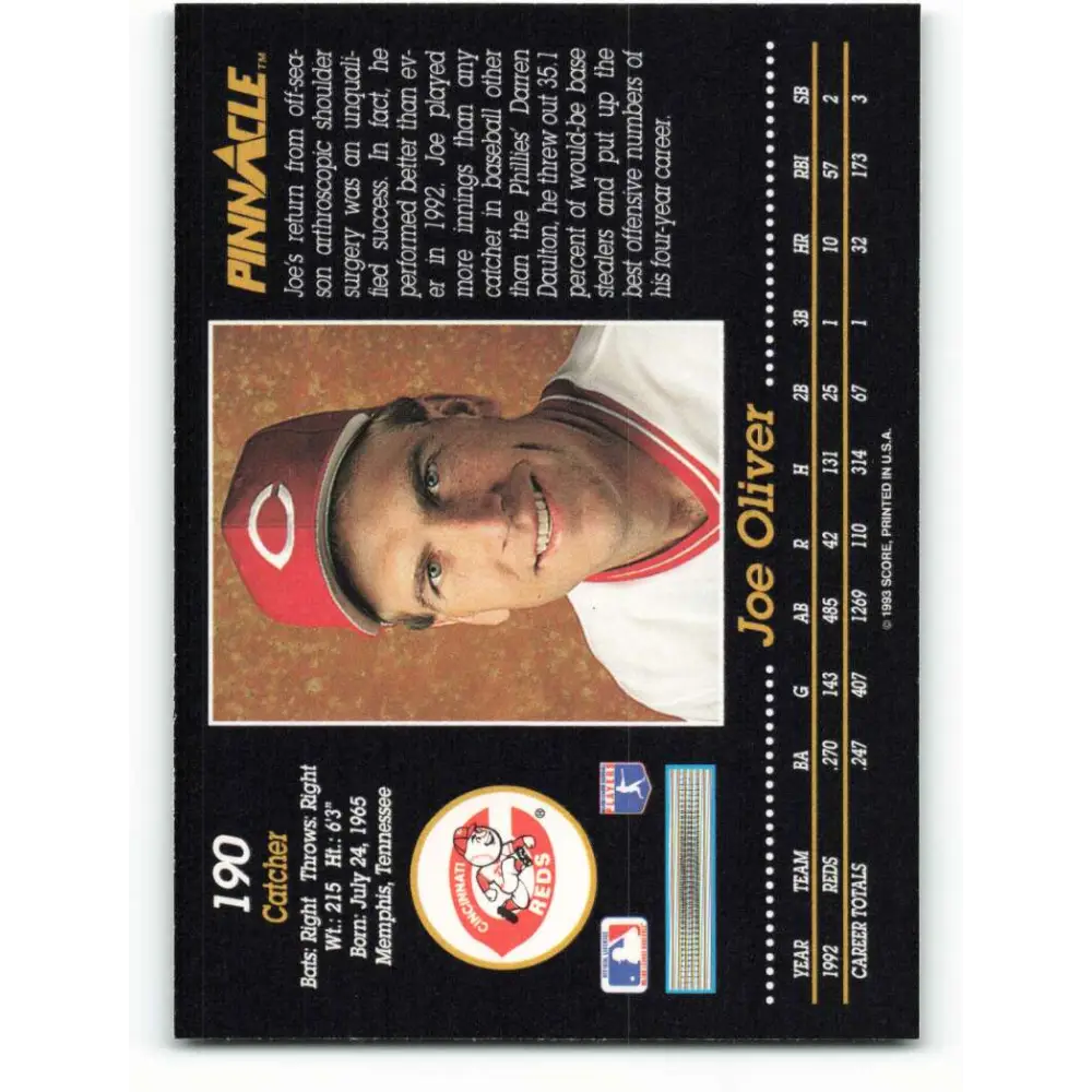 1993 Pinnacle #190 Joe Oliver NM-MT Cincinnati Reds Baseball Card Image 2
