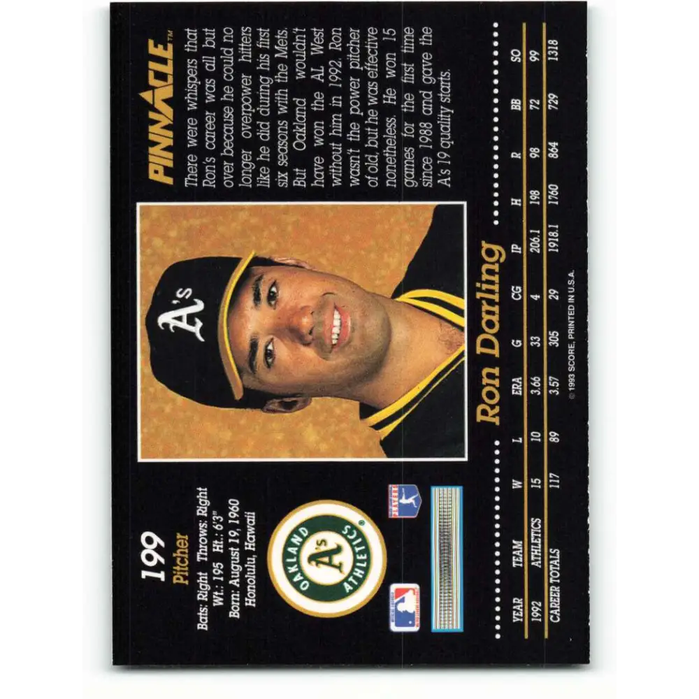 1993 Pinnacle #199 Ron Darling NM-MT Oakland Athletics Baseball Card Image 2