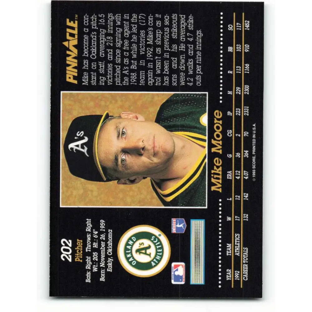 1993 Pinnacle #202 Mike Moore NM-MT Oakland Athletics Baseball Card Image 2