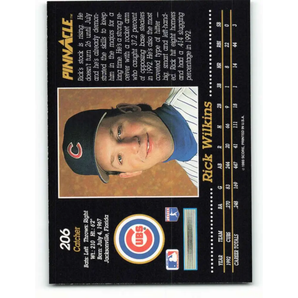1993 Pinnacle #206 Rick Wilkins NM-MT Chicago Cubs Baseball Card Image 2
