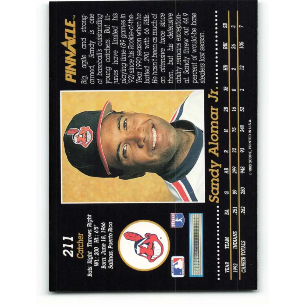 1993 Pinnacle #211 Sandy Alomar Jr. NM-MT Cleveland Indians Baseball Card Image 2