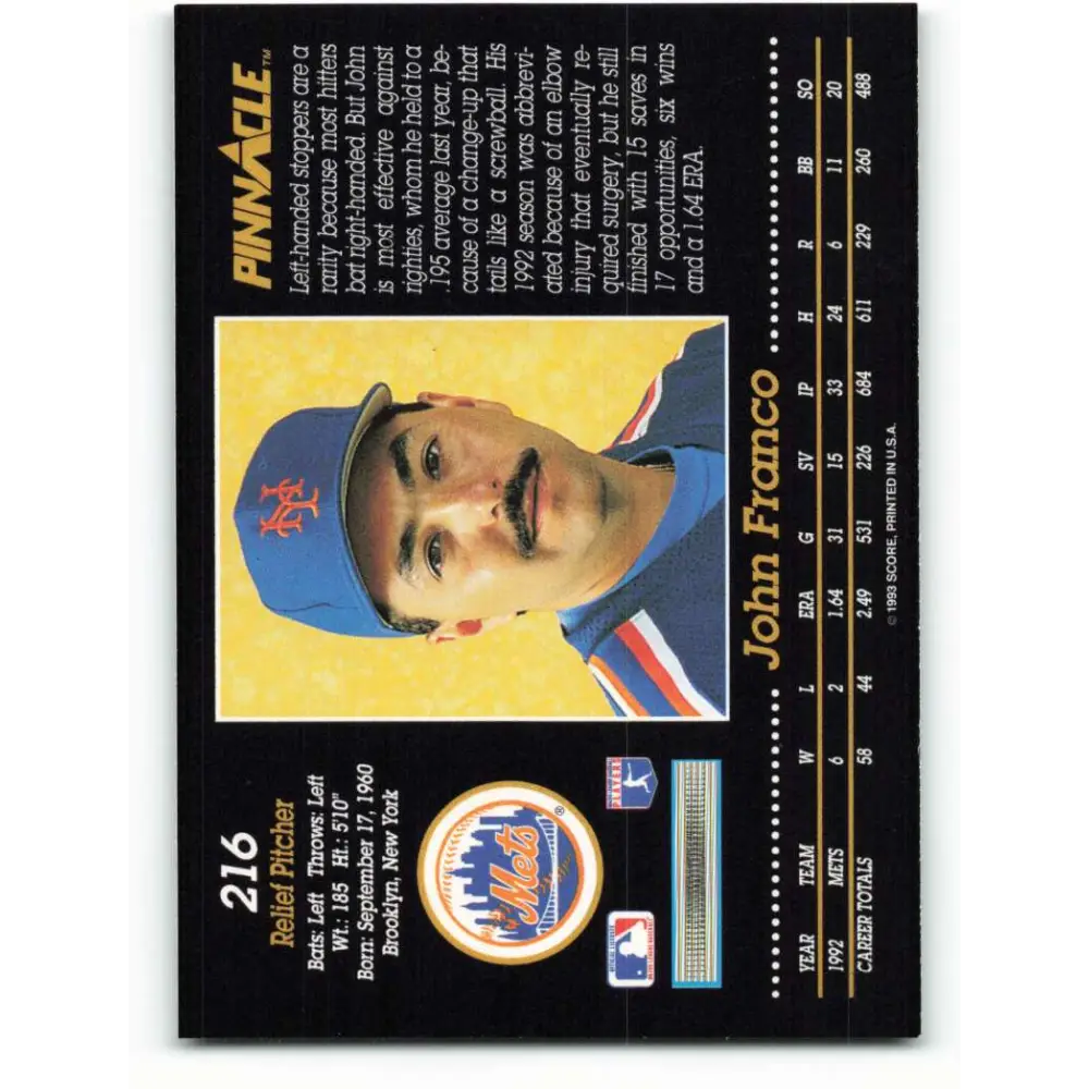 1993 Pinnacle #216 John Franco NM-MT New York Mets Baseball Card Image 2