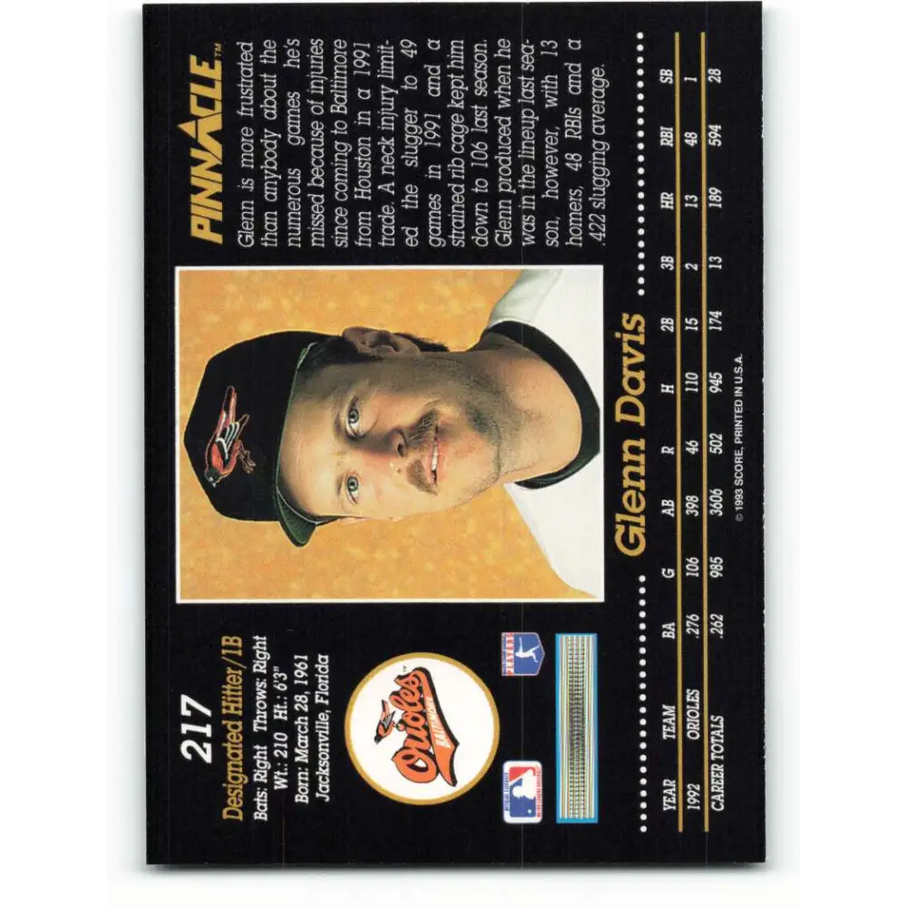 1993 Pinnacle #217 Glenn Davis NM-MT Baltimore Orioles Baseball Card Image 2