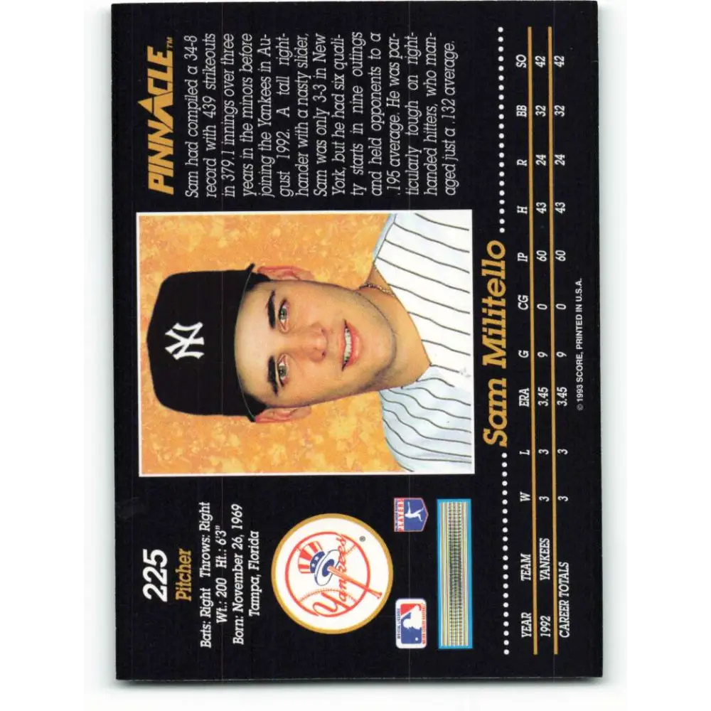 1993 Pinnacle #225 Sam Militello NM-MT New York Yankees Baseball Card Image 2