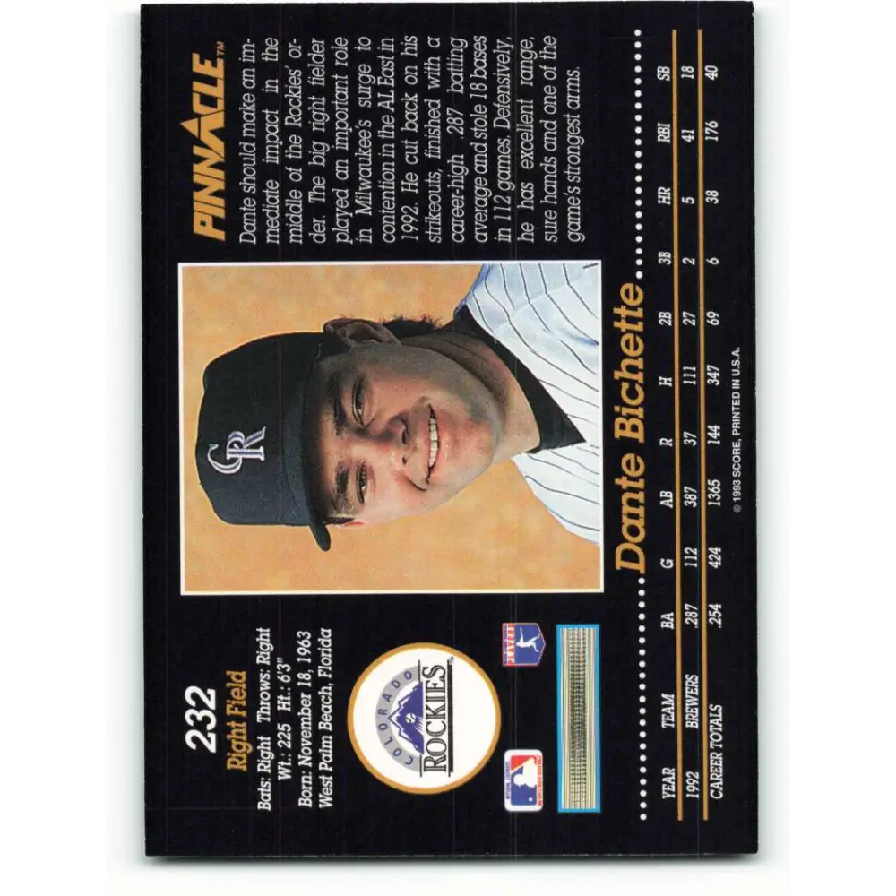 1993 Pinnacle #232 Dante Bichette NM-MT Colorado Rockies Baseball Card Image 2
