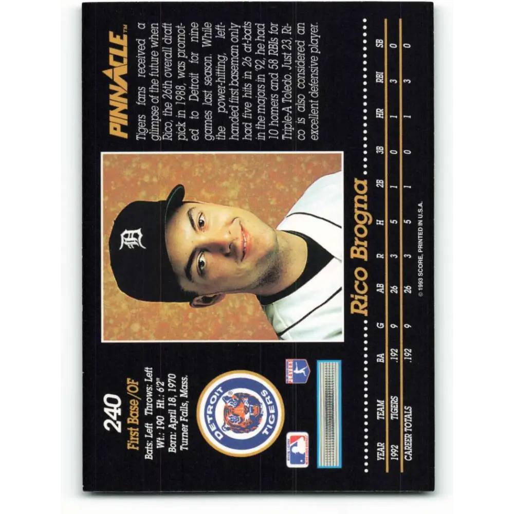 1993 Pinnacle #240 Rico Brogna NM-MT Detroit Tigers Baseball Card Image 2