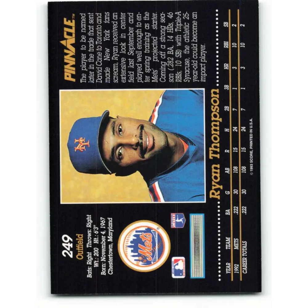 1993 Pinnacle #249 Ryan Thompson NM-MT New York Mets Baseball Card Image 2
