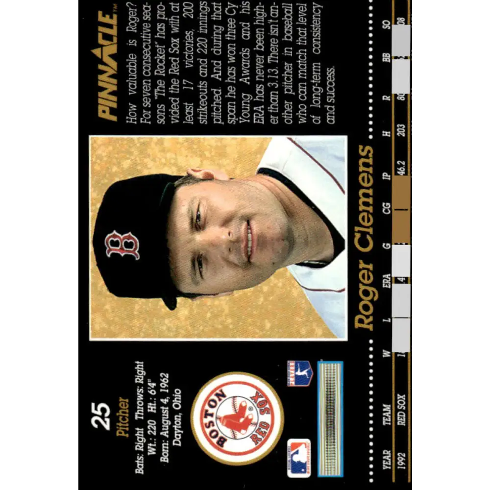 1993 Pinnacle #25 Roger Clemens EX/NM Boston Red Sox Baseball Card Image 2