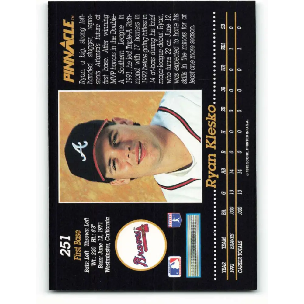 1993 Pinnacle #251 Ryan Klesko NM-MT Atlanta Braves Baseball Card Image 2