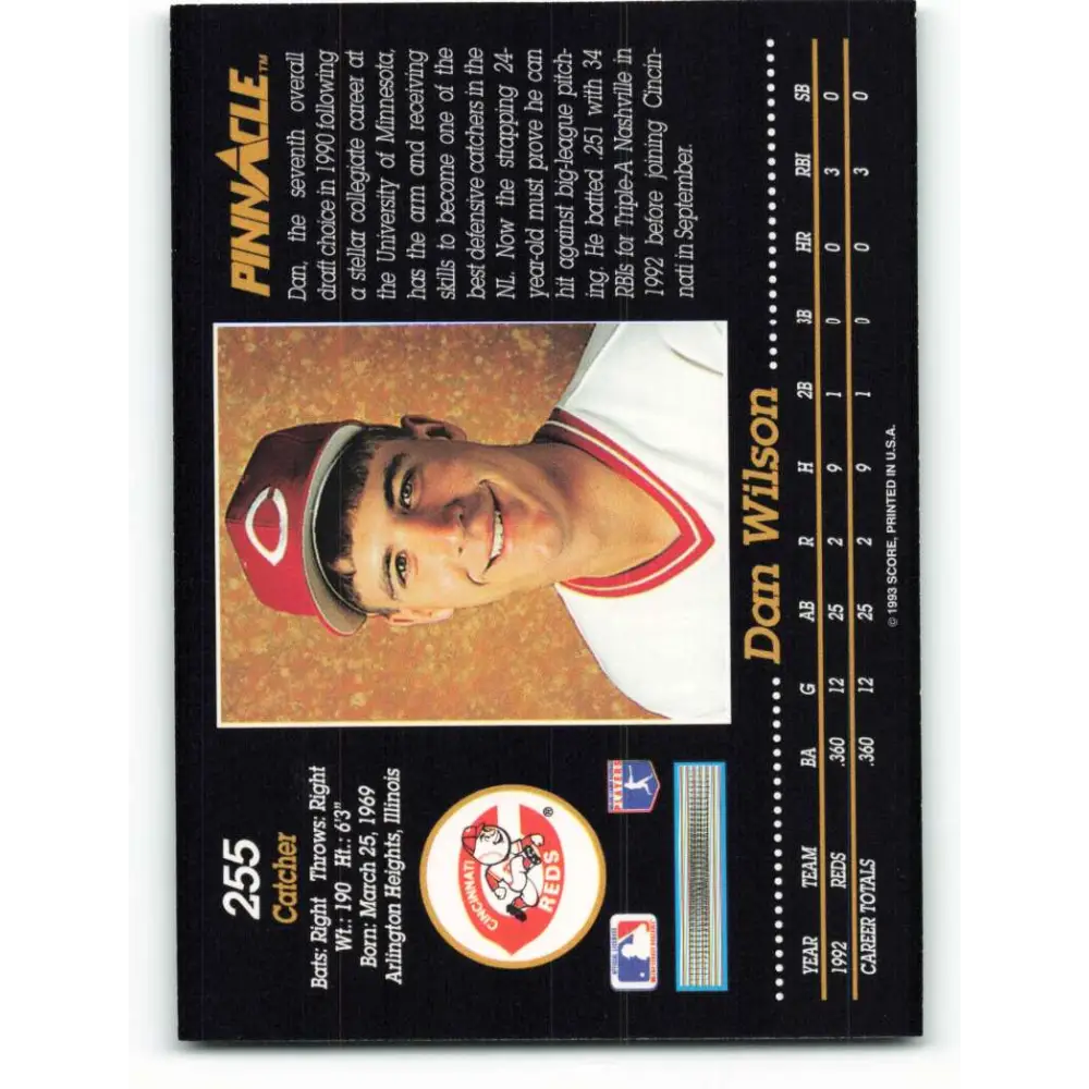 1993 Pinnacle #255 Dan Wilson NM-MT Cincinnati Reds Baseball Card Image 2