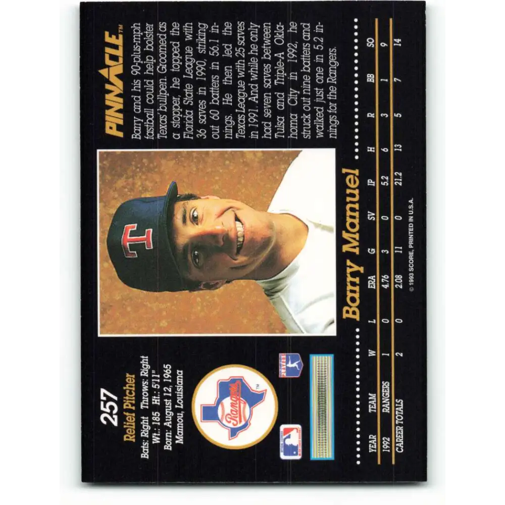 1993 Pinnacle #257 Barry Manuel NM-MT Texas Rangers Baseball Card Image 2