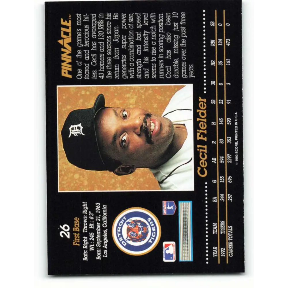 1993 Pinnacle #26 Cecil Fielder NM-MT Detroit Tigers Baseball Card Image 2