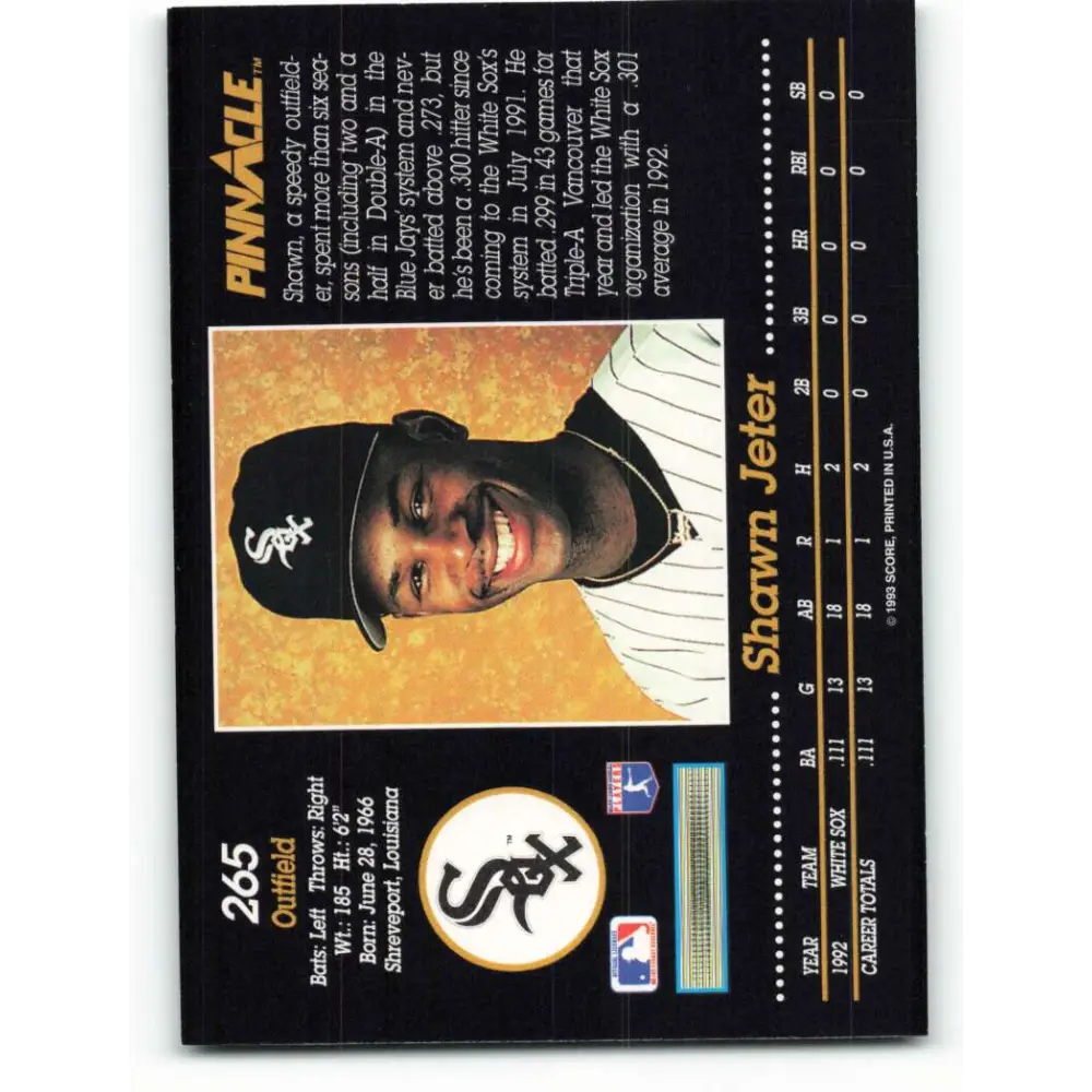 1993 Pinnacle #265 Shawn Jeter NM-MT Chicago White Sox Baseball Card Image 2