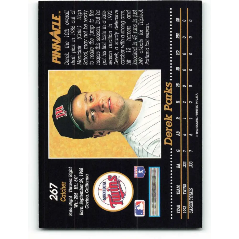 1993 Pinnacle #267 Derek Parks NM-MT Minnesota Twins Baseball Card Image 2