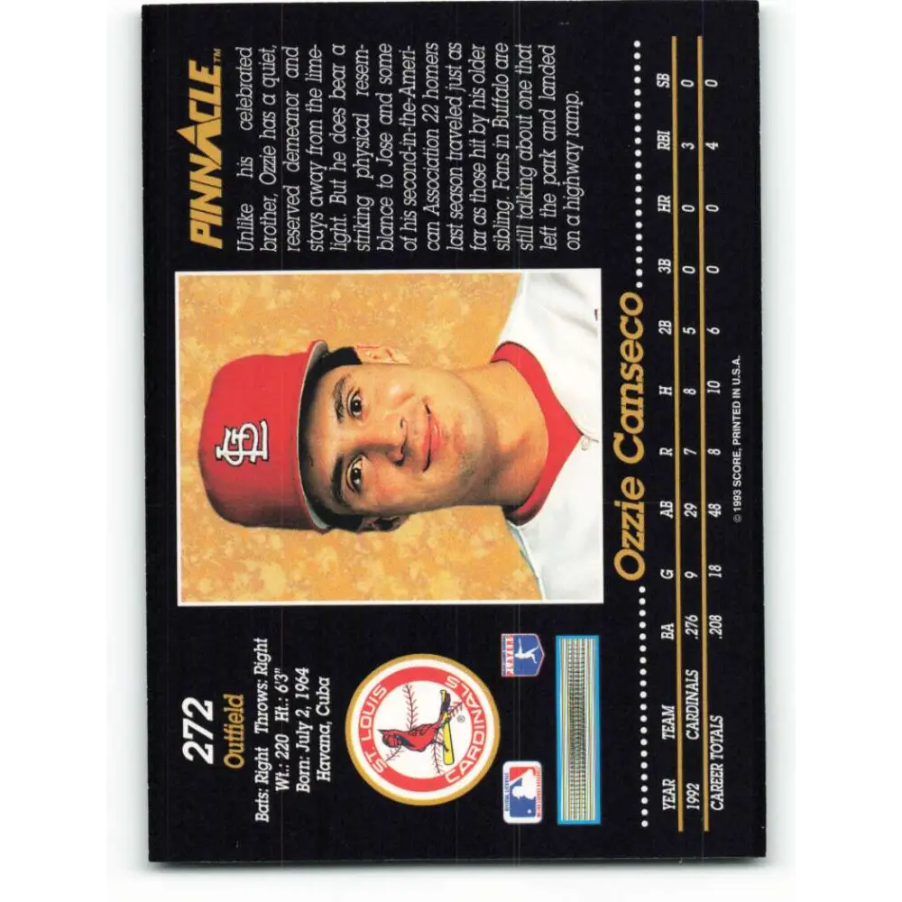 1993 Pinnacle #272 Ozzie Canseco NM-MT St. Louis Cardinals Baseball Card Image 2