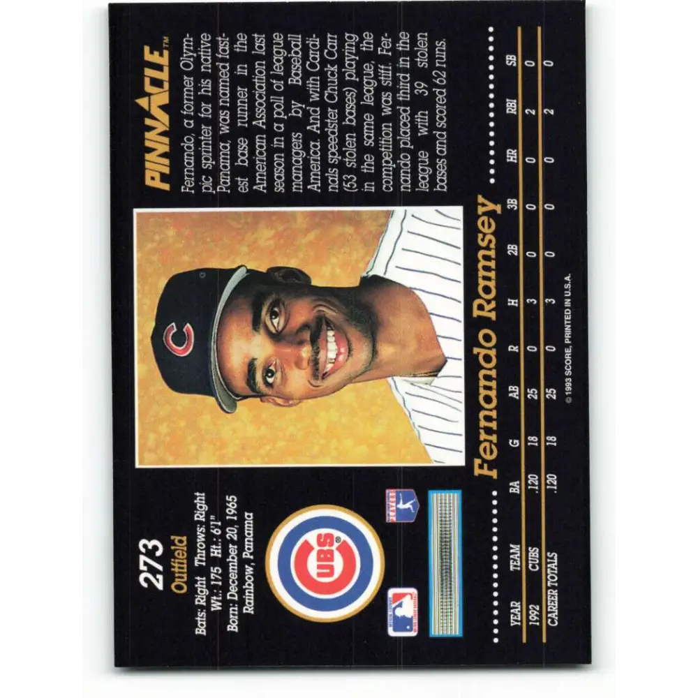 1993 Pinnacle #273 Fernando Ramsey NM-MT RC Rookie Chicago Cubs Baseball Card Image 2