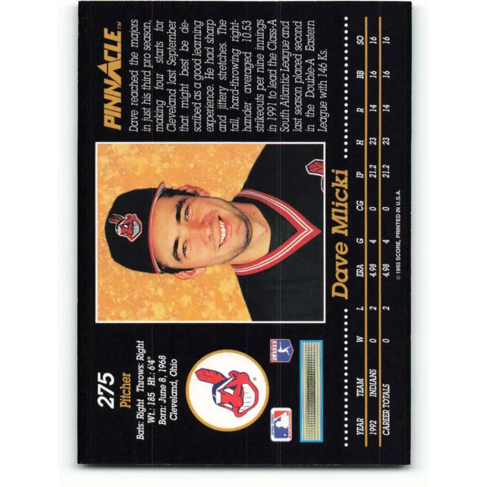 1993 Pinnacle #275 Dave Mlicki NM-MT Cleveland Indians Baseball Card Image 2