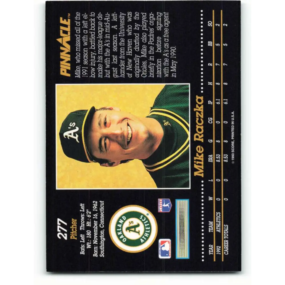 1993 Pinnacle #277 Mike Raczka NM-MT Oakland Athletics Baseball Card Image 2