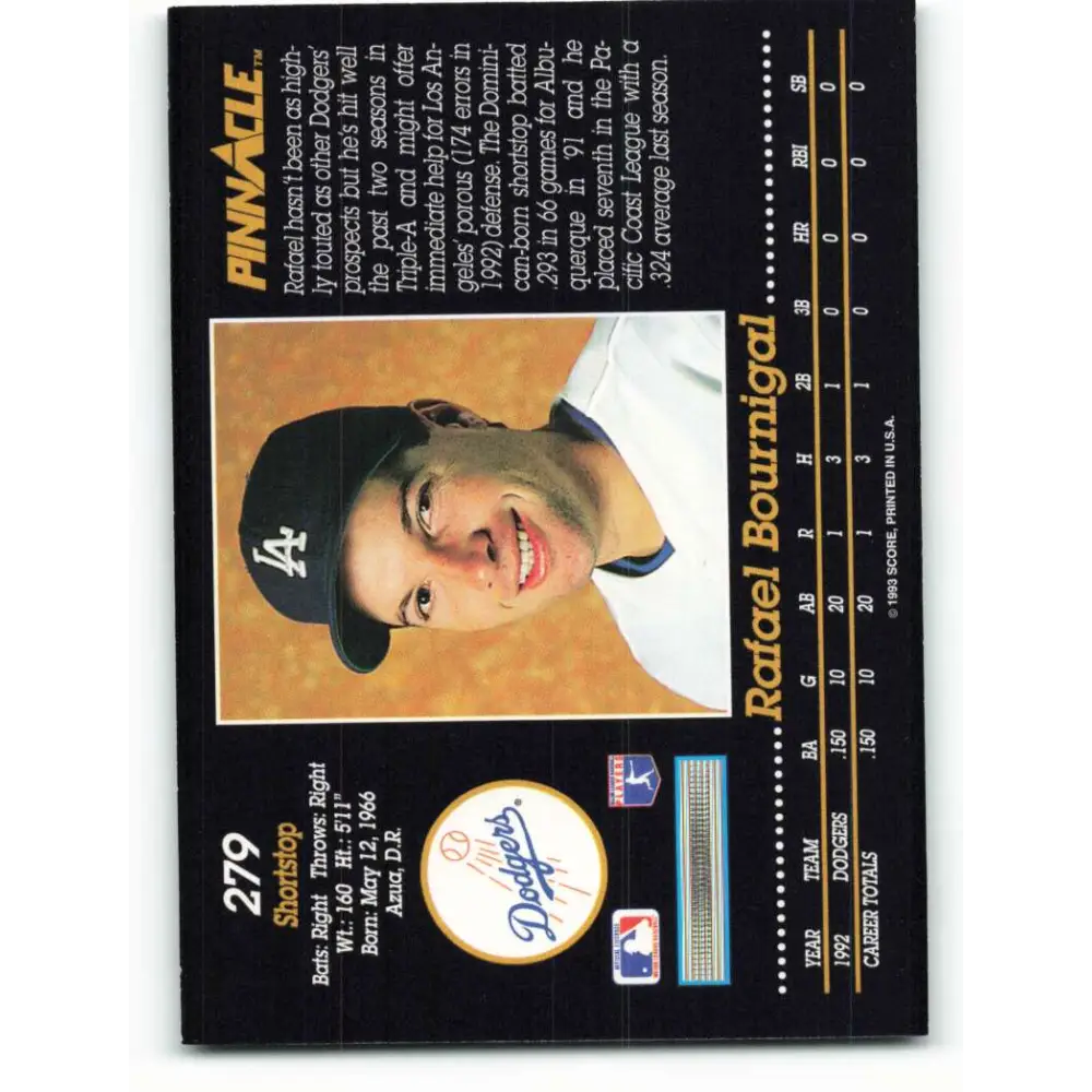 1993 Pinnacle #279 Rafael Bournigal NM-MT RC Rookie Los Angeles Dodgers Baseball Card Image 2