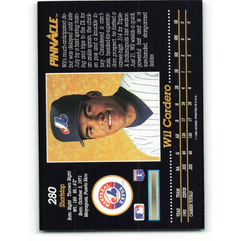 1993 Pinnacle #280 Wil Cordero NM-MT Montreal Expos Baseball Card Image 2