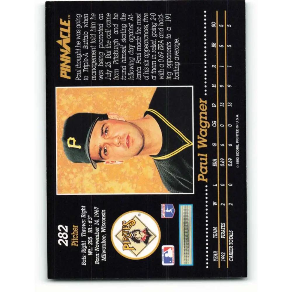 1993 Pinnacle #282 Paul Wagner NM-MT Pittsburgh Pirates Baseball Card Image 2